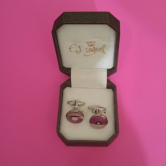MEN'S E J SAMUEL MAUVE AND SILVER CUFF LINKS - Picture 1 of 2